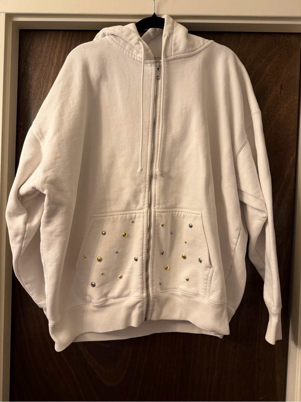 Brandy Melville Off-White Hoodie, Gold/Silver pocket detail, fits like XL
